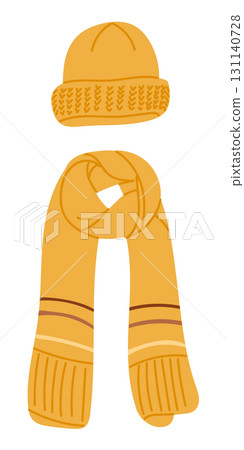 Winter knitted hat and scarf set in warm orange color in hand drawn vector style Winter knitted hat and scarf set in warm orange color in hand drawn vector style 131140728
