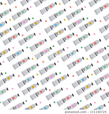 Seamless pattern with colorful oil paint tubes and small decorative stars in hand drawn vector style 131140729