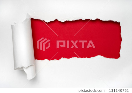 Red reveal under white torn paper, sale banner background with copy space Red reveal under white torn paper, sale banner background with copy space 131140761