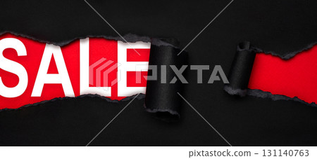Sale torn paper panoramic banner with red reveal 131140763