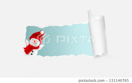 Torn paper banner with snowman and blue panel, copy space Torn paper banner with snowman and blue panel, copy space 131140765