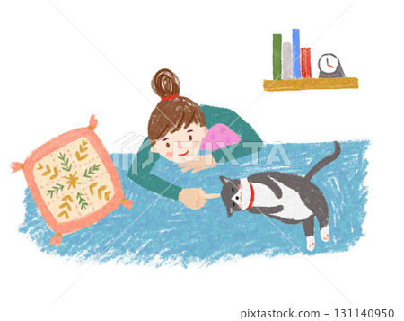 Woman relaxing with cat at home 131140950