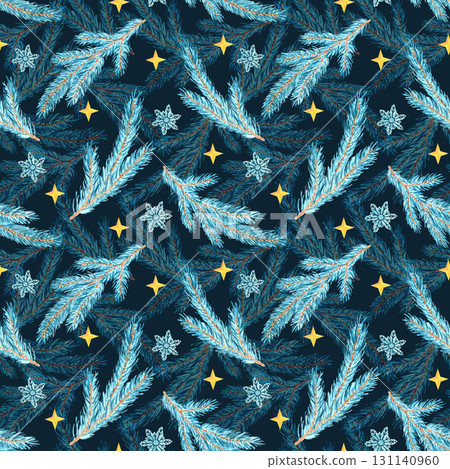 New Year's watercolor hand-drawn winter seamless pattern with blue spruce branches on a dark blue background for festive Christmas design of textiles, fabrics and packaging 131140960