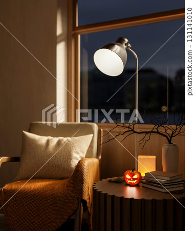 Armchair and glowing jack-o-lantern halloween pumpkin on table and standing lamp aside glass window. 131141010