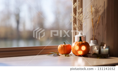 Glowing jack-o-lantern pumpkin halloween props with candles on wooden table aside window in sunlight 131141032