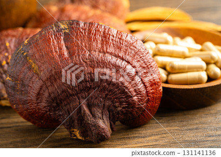 Dried lingzhi mushroom with capsule drug, alternative medicine herbal organic herb. 131141136
