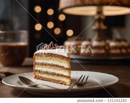 Chestnut cake served on a plate with whipped cream 131141283