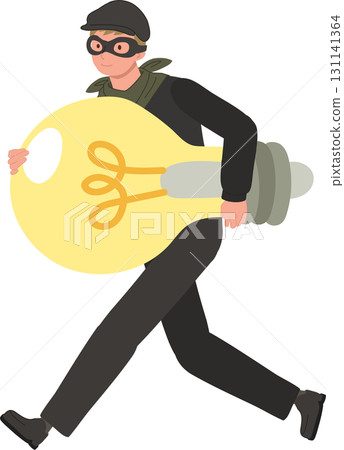 masked burglar running with stolen light bulb symbol of intellectual property theft 131141364