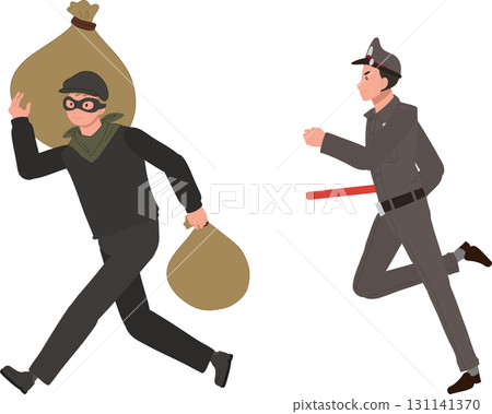 robbery criminal pursuit policeman chasing masked thief carrying stolen money 131141370