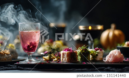 Smoky cocktail and baked goods background 131141440