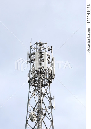 aerial view around of the telecommunication tower. tower antennas satellite transmits the signals 131141488