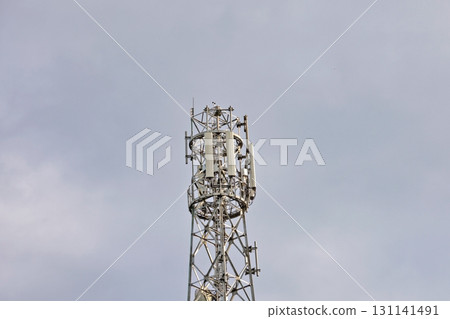 aerial view around of the telecommunication tower. tower antennas satellite transmits the signals 131141491