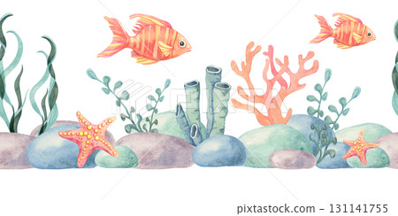 Golden fishes, starfish and orange corals with blue stones painted as hand drawn watercolor illustration seamless border. Perfect for marine fabric prints, eco packaging, cards, party decor and labels 131141755