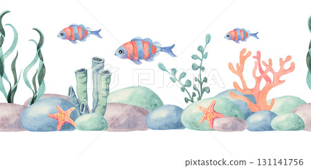 Blue and orange fishes swim above stones, seaweed and corals in this hand drawn watercolor clipart, seamless ocean border. Great for childrens books, textiles, packaging, stationery and posters. 131141756