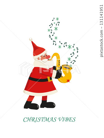 Christmas Vibes cute minimal design hand drawn vector icon. Funny Santa playing Christmas melody on sax cartoon design element illustration. Winter holidays season live music concert event background 131141951