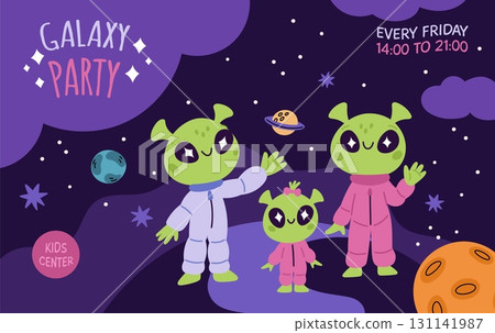 Cartoon aliens party invitation. Ufo family in open space, galaxy event horizontal banner, extraterrestrial cosmos explorers, kids smiling mascot, space background garish vector concept Cartoon aliens party invitation. Ufo family in open space, galaxy event horizontal banner, extraterrestrial cosmos explorers, kids smiling mascot, space background garish vector concept 131141987