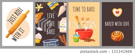 Cartoon bakery elements cards. Sweet pastry ingredients and utensils, dough products, cream bag, whisk and baking dish, kitchen posters, prints design, handmade sweet food, classy vector set 131141989