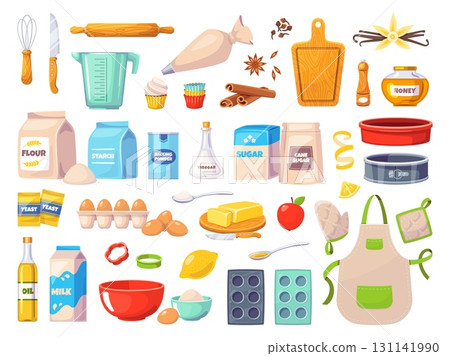 Cartoon baking elements. Food ingredients, pastry components, kitchen utensil and cooking products for cakes, flour, eggs, sugar, handmade cupcake and muffin, classy vector isolated set 131141990