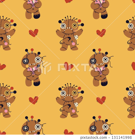 Cartoon voodoo dolls seamless pattern. Scary stitched patchwork toys, rag halloween characters, needles and pins. Textile, wrapping paper, wallpaper. Print for fabric garish vector background 131141998