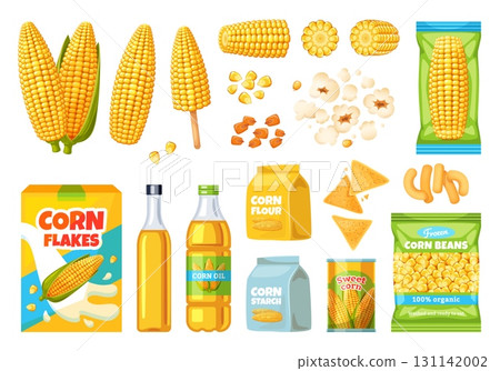 Corn products. Maize food elements, ripe cobs, sweet plant grains, agricultural organic product, farm culture, flour, oil, nachos, popcorn and canned vegetable, classy vector isolated set Corn products. Maize food elements, ripe cobs, sweet plant grains, agricultural organic product, farm culture, flour, oil, nachos, popcorn and canned vegetable, classy vector isolated set 131142002
