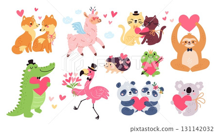 Cute animals with hearts. Valentines day characters, fauna mascots, love and romantic symbols, lama, fox, cats and panda, funny hedgehog cartoon flat style isolated garish vector set 131142032
