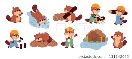 Cute beaver characters. Cartoon river animals, funny brown rodents, wildlife pond inhabitants, builders of natural dams, happy construction creature, carpenter with log, garish vector set 131142033