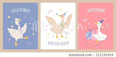 Funny geese cards. Cute farm birds characters, cartoon domestic goose, birthday party mascots, fun, streamers, confetti, childish posters, nursery decoration, garish vector isolated set 131142038