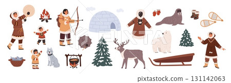 Inuit items. North people household elements, eskimos characters, ethnic group, alaska natives, winter animals, traditional homes and clothes, family with kids garish vector cartoon flat set 131142063