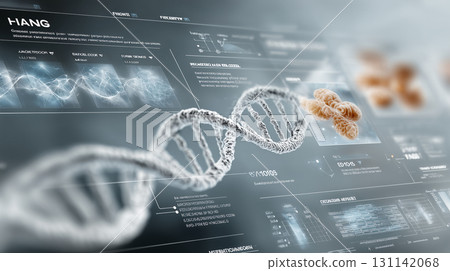 Genetic material of human genome cell under microscopic view. Research on DNA or RNA. Chromosomes, nucleotides are visible. 131142068