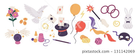 Magician accessories. Illusionist show equipment, performing magic tricks elements, mystery wizard items, top hat for illusion, rabbit and dove, cartoon flat isolated garish vector set Magician accessories. Illusionist show equipment, performing magic tricks elements, mystery wizard items, top hat for illusion, rabbit and dove, cartoon flat isolated garish vector set 131142069