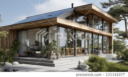 Architecture design clean energy or renewable energy concept. The exterior of modern eco-friendly house with photovoltaic system of solar panels on the roof and panoramic windows and terrace garden. 131142077