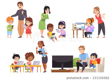 Parents with kids use gadgets. Parental control, children learning, entertainment, electronic devices, digital technology, boy plays on tablet, girl with computer, tidy vector cartoon flat style set Parents with kids use gadgets. Parental control, children learning, entertainment, electronic devices, digital technology, boy plays on tablet, girl with computer, tidy vector cartoon flat style set 131142082