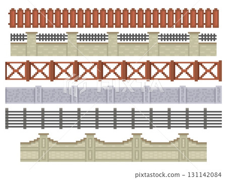 Pixel fences borders. Seamless wooden and brick fences, 8 bit retro game assets, locations elements, isolated farm barriers, village architecture graphic, qualitative vector set Pixel fences borders. Seamless wooden and brick fences, 8 bit retro game assets, locations elements, isolated farm barriers, village architecture graphic, qualitative vector set 131142084