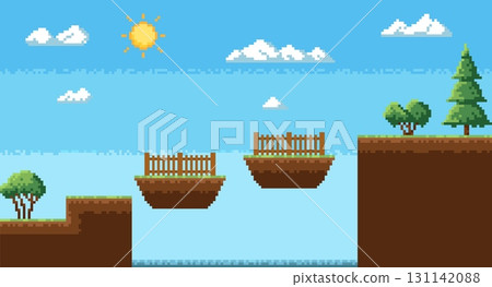 Pixel game location. Landscape with flying wooden fences segments, 8 bit retro graphic, trees, sky with clouds, green summer arcade obstacles, qualitative vector cartoon isolated concept Pixel game location. Landscape with flying wooden fences segments, 8 bit retro graphic, trees, sky with clouds, green summer arcade obstacles, qualitative vector cartoon isolated concept 131142088