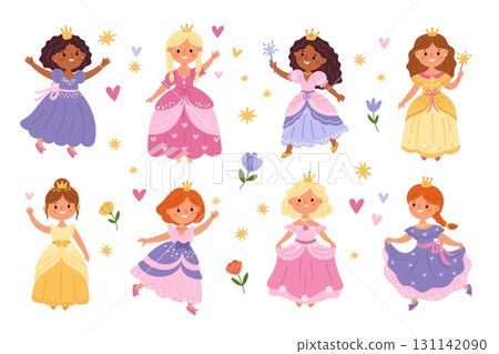Princess characters. Little funny girls with beautiful puffy dresses and golden crowns, royal daughters, young beauties, fairy tale fantasy children, garish vector cartoon flat style set Princess characters. Little funny girls with beautiful puffy dresses and golden crowns, royal daughters, young beauties, fairy tale fantasy children, garish vector cartoon flat style set 131142090