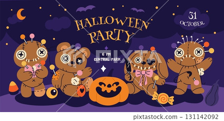 Scary party poster. Halloween event invitation, spooky voodoo dolls, rag monsters, stitched patchwork characters, horizontal banner design, cartoon flat isolated garish vector concept 131142092