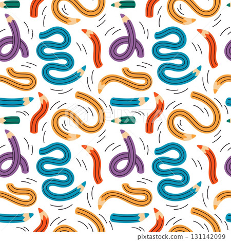 Twisted pencils seamless pattern. Colorful writing and drawing supplies, back to school, artist, student supplies. Textile, wrapping paper, wallpaper. Print for fabric garish vector background Twisted pencils seamless pattern. Colorful writing and drawing supplies, back to school, artist, student supplies. Textile, wrapping paper, wallpaper. Print for fabric garish vector background 131142099