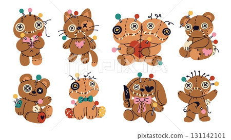 Voodoo dolls. Patchwork scary toys, stitch punk style, halloween raggedy bears, fabric handmade bunny, weird cats and spooky siamese twins, cartoon flat style isolated garish vector set Voodoo dolls. Patchwork scary toys, stitch punk style, halloween raggedy bears, fabric handmade bunny, weird cats and spooky siamese twins, cartoon flat style isolated garish vector set 131142101