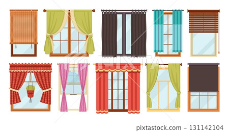 Windows with curtains. Different shapes interior drapery, home textile decor, apartment blackout elements, fabric design, hanging elegant blinds or jalousie tidy vector cartoon isolated set 131142104