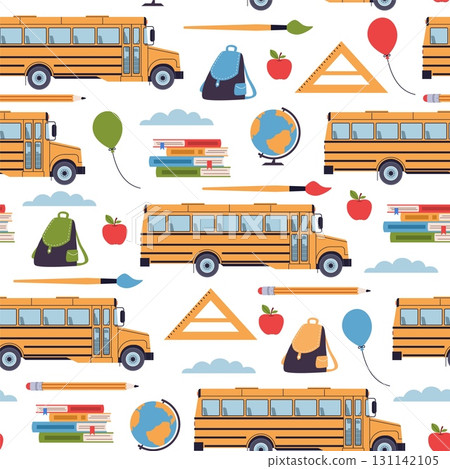 Yellow bus seamless pattern. Back to school elements, student transport, kids education, learning and knowledge. Textile, wrapping paper, wallpaper. Print for fabric nowaday vector background 131142105