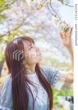 Portrait of a middle-aged woman with cherry blossoms in full bloom Portrait of a middle-aged woman with cherry blossoms in full bloom 131142202