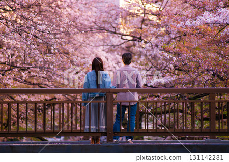 A man and a woman on a bridge with cherry blossoms in the background at dusk A man and a woman on a bridge with cherry blossoms in the background at dusk 131142281