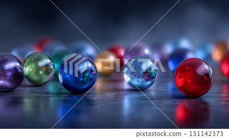 桌上擺放著一些色彩鮮豔的玻璃珠 131142373