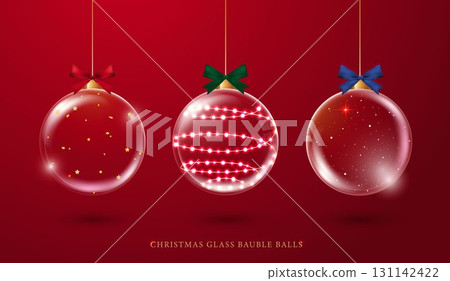Christmas glass bauble balls, realistic on red background. glass globe stands for Christmas and New Year winter holiday, crystal baubles decoration with snow snowflakes. vector design. Christmas glass bauble balls, realistic on red background. glass globe stands for Christmas and New Year winter holiday, crystal baubles decoration with snow snowflakes. vector design. 131142422