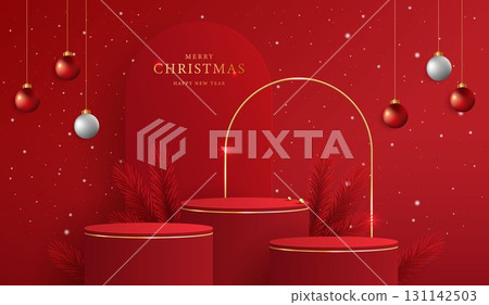 Podium shape for show cosmetic product display for christmas day or new years. Stand product showcase on red background with lighting christmas. vector design. Podium shape for show cosmetic product display for christmas day or new years. Stand product showcase on red background with lighting christmas. vector design. 131142503