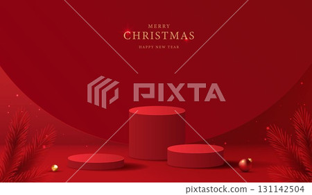 Podium shape for show cosmetic product display for christmas day or new years. Stand product showcase on red background with lighting christmas. vector design. Podium shape for show cosmetic product display for christmas day or new years. Stand product showcase on red background with lighting christmas. vector design. 131142504