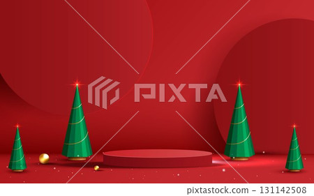 Podium shape for show cosmetic product display for christmas day or new years. Stand product showcase on red background with lighting christmas. vector design. 131142508