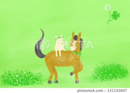 Postcard material of a white cat walking through a field of blooming clover 131142607