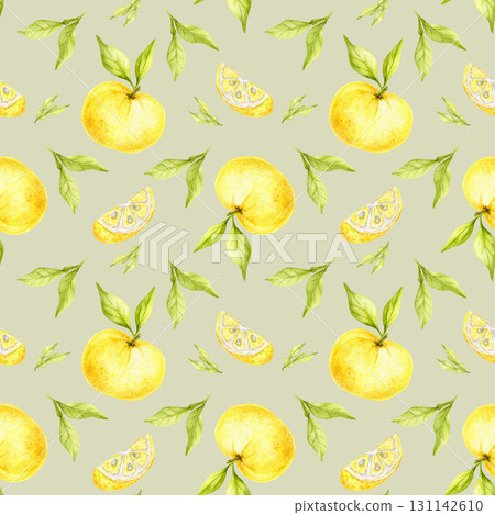Yellow yuzu fruits with slices and leaves form a repeating seamless pattern, watercolor illustration, hand drawn. Perfect for fabric, stationery, recipe cards, wrapping and food product design. 131142610