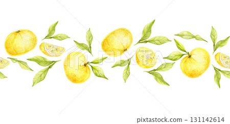Cluster of golden yuzu citrus fruits with leaves forming a horizontal border, watercolor illustration, hand drawn clipart. Perfect for stationery, banners, kitchen design and food product labels. Cluster of golden yuzu citrus fruits with leaves forming a horizontal border, watercolor illustration, hand drawn clipart. Perfect for stationery, banners, kitchen design and food product labels. 131142614